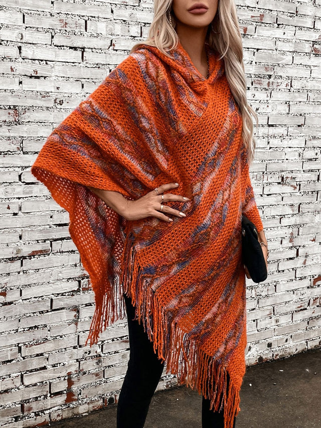 Fringe Contrast Hooded Poncho