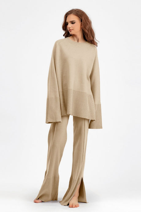 Basic Bae Slit Round Neck Long Sleeve Top and Drawstring Pants Sweater Set Trendsi Hanalas