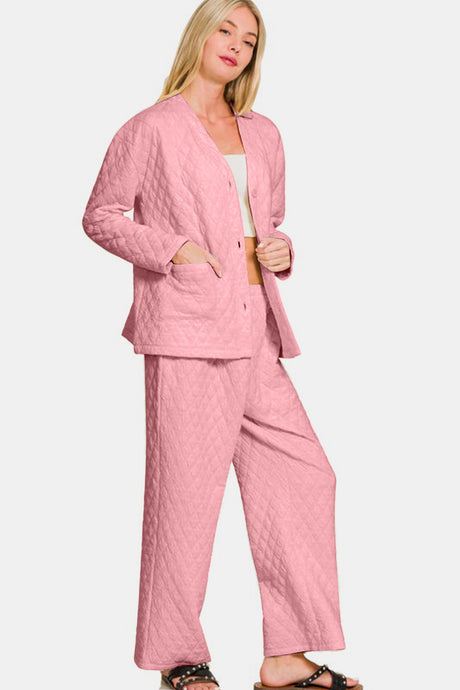 Zenana Quilted Button Up Long Sleeve Top and Pants Lounge Set | Hanalas