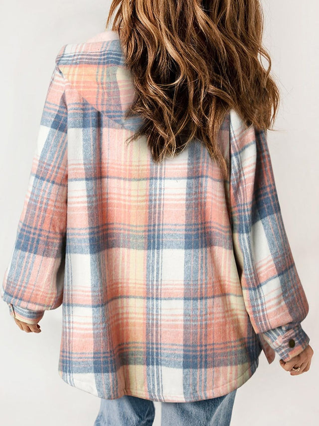 Plaid Snap Down Plush Hooded Jacket | Hanalas