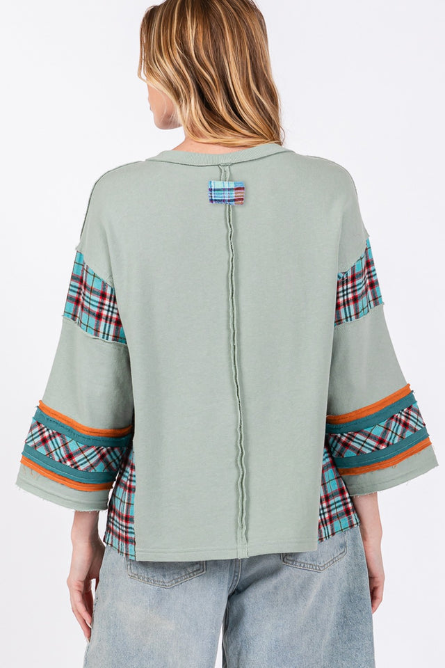 SAGE + FIG Peace Applique Patch Contrast Plaid Top Trendsi Hanalas