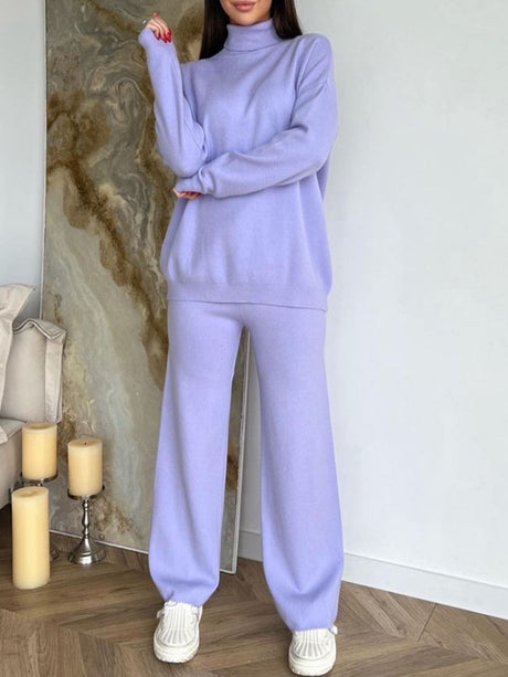 Turtleneck Long Sleeve Top and Drawstring Pants Sweater Set | Hanalas