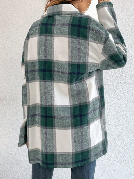 Plaid Collared Neck Dropped Shoulder Shacket | Hanalas