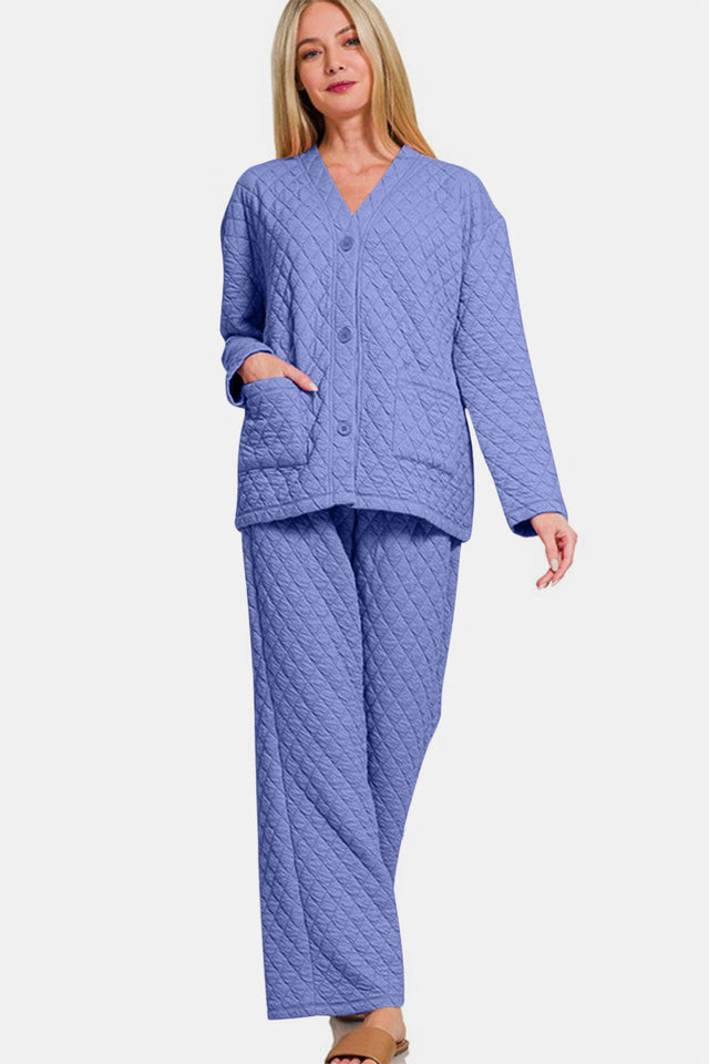 Zenana Quilted Button Up Long Sleeve Top and Pants Lounge Set | Hanalas