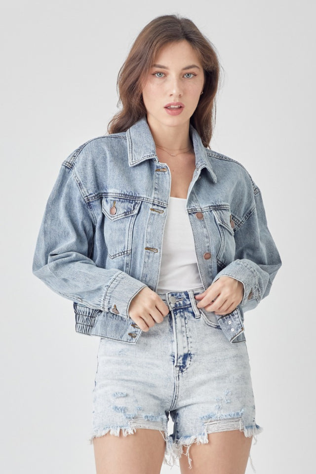 RISEN Full Size Button Down Cropped Denim Jacket | Hanalas