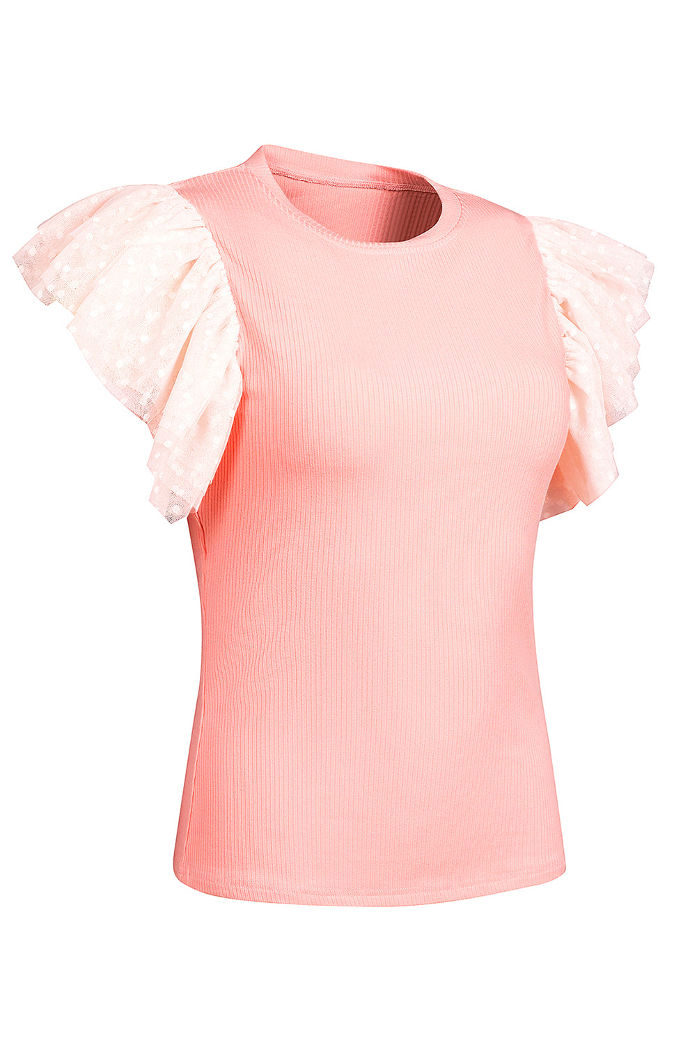 Pink Ruffle Tulle Sleeve Ribbed Knit Bodycon Dress