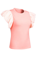 Pink Ruffle Tulle Sleeve Ribbed Knit Bodycon Dress