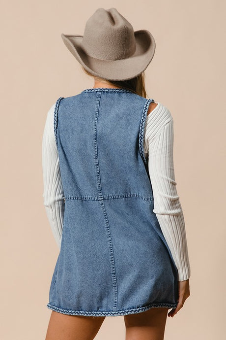 BiBi Braided Trim Open Front Denim Vest with Pockets | Hanalas