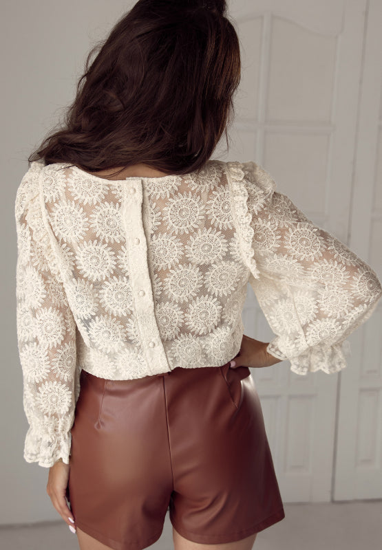 Flower Jacquard Flounce Sleeve Blouse | Hanalas