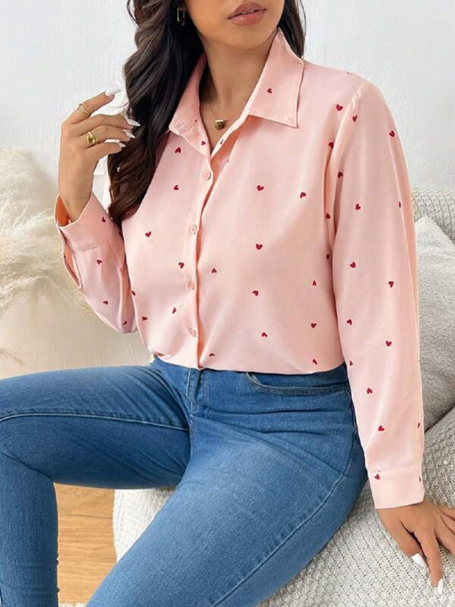 Heart Collared Neck Long Sleeve Shirt | Hanalas