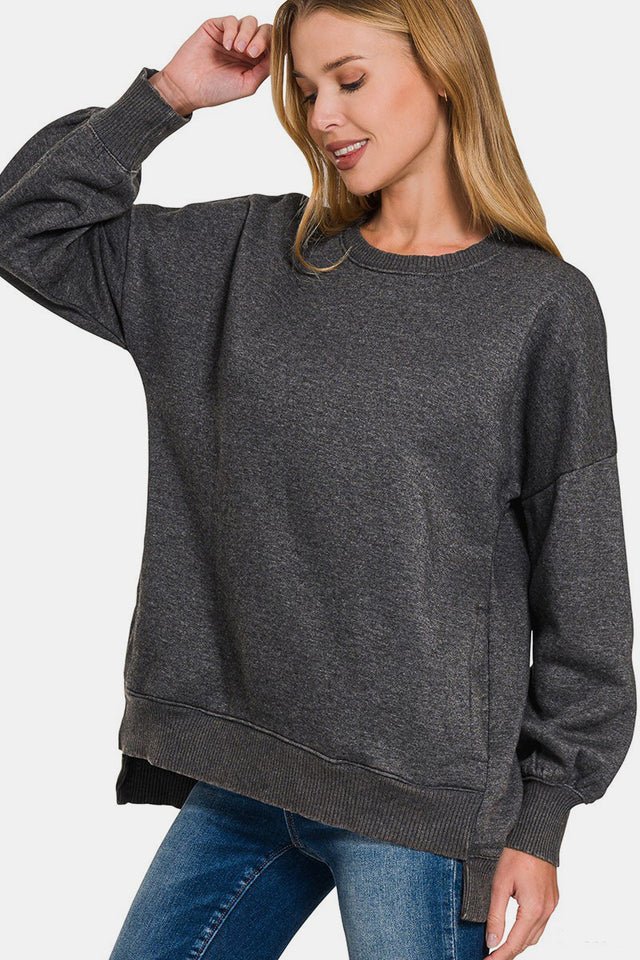 Zenana High-Low Acid Wash Fleece Sweatshirt | Hanalas