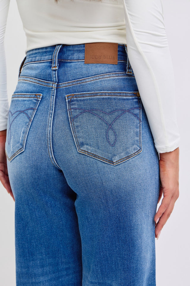 Judy Blue Full Size Distressed High Waist Wide Leg Jeans | Hanalas