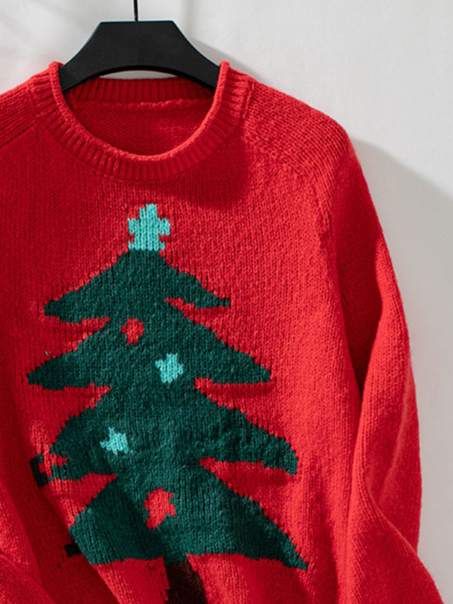 Christmas Tree Round Neck Raglan Sleeve Sweater | Hanalas