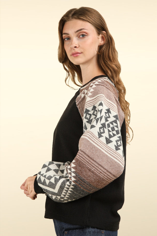 VERY J Printed Long Sleeve Round Neck Knit Top | Hanalas