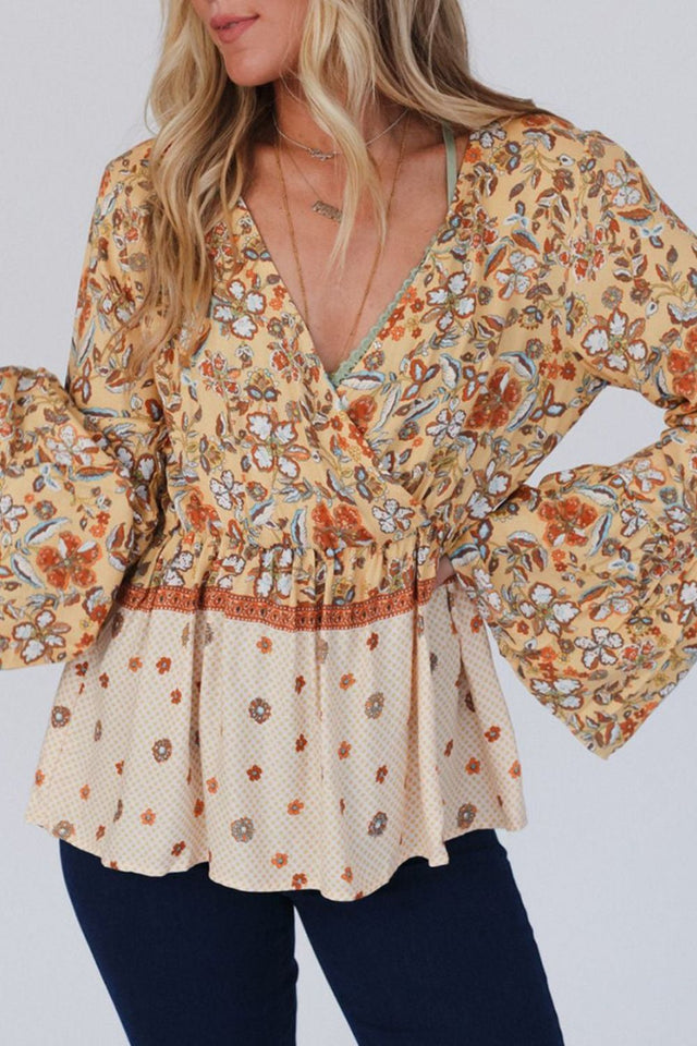 Peplum Printed Surplice Flare Sleeve Blouse | Hanalas