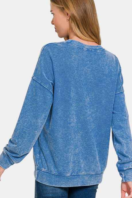 Zenana Washed Round Neck Dropped Shoulder Sweatshirt | Hanalas