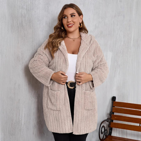 Plus Size Open Front Long Sleeve Hooded Fuzzy Jacket | Hanalas