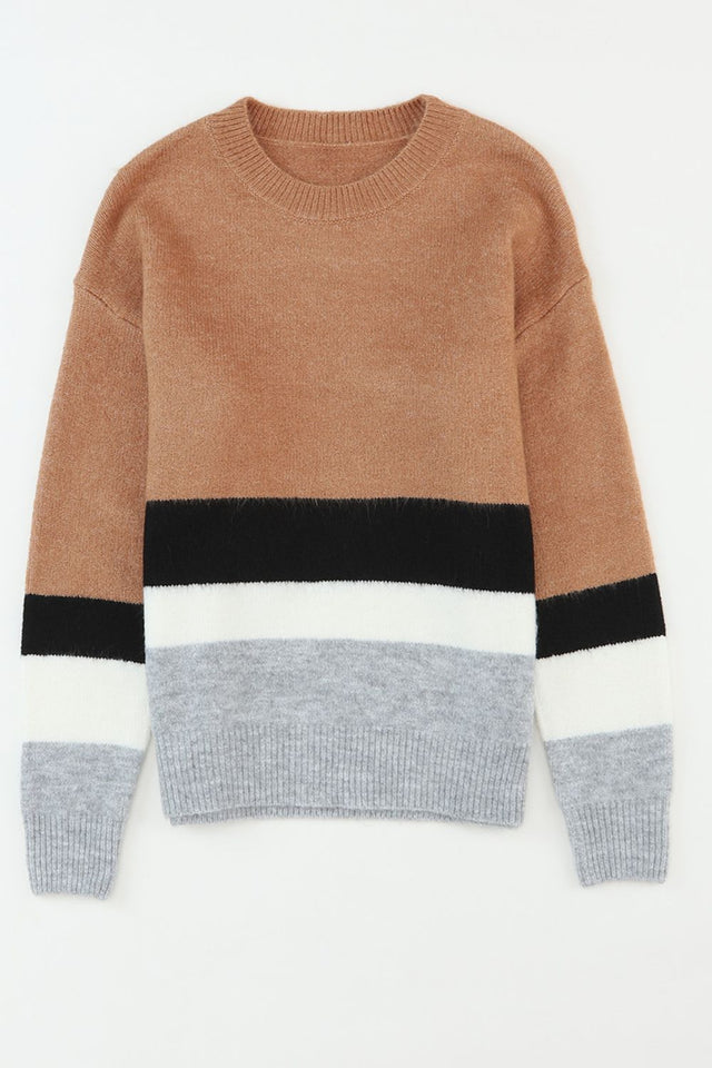 Color Block Round Neck Dropped Shoulder Sweater | Hanalas