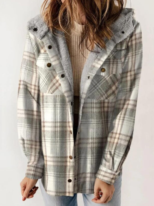 Plaid Snap Down Plush Hooded Jacket | Hanalas