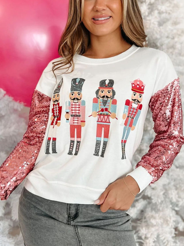 Sequin Nutcracker Round Neck Long Sleeve Sweatshirt | Hanalas