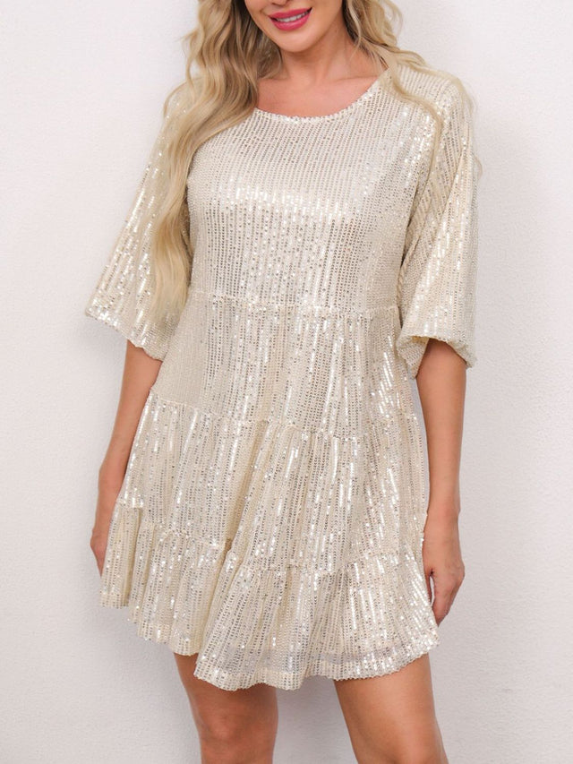 Sequin Round Neck Half Sleeve Mini Dress | Hanalas