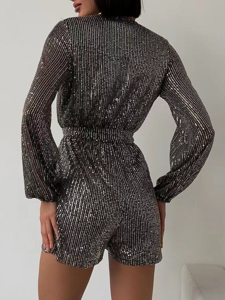 Full Size Sequin Surplice Tie Waist Long Sleeve Romper | Hanalas