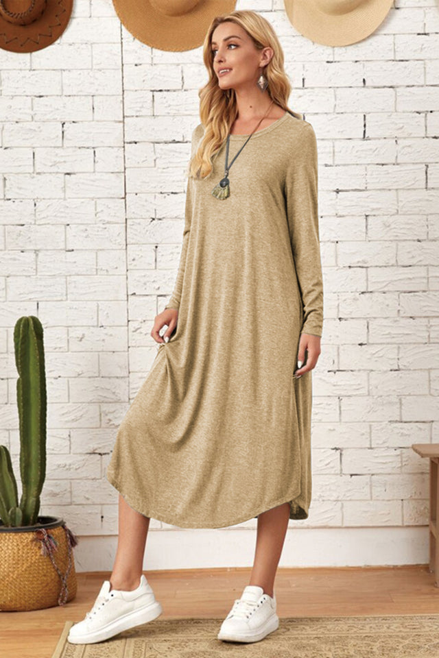 Pocketed Round Neck Long Sleeve Tee Dress - Hanalas