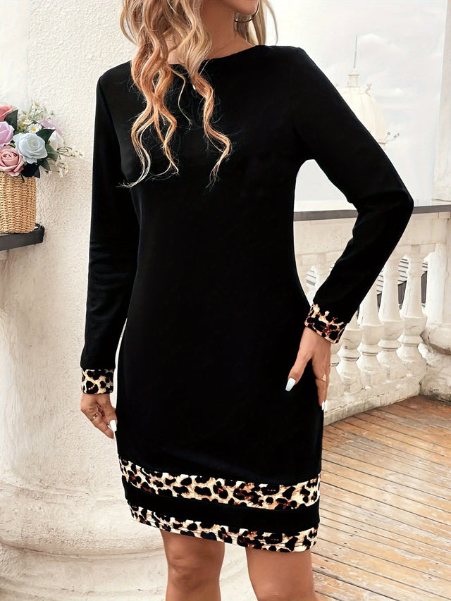 Leopard Trim Round Neck Long Sleeve Mini Dress | Hanalas