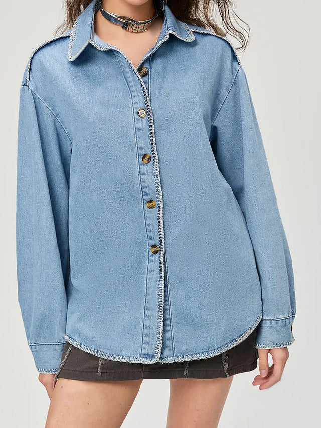 Button Up Collared Neck Denim Top | Hanalas