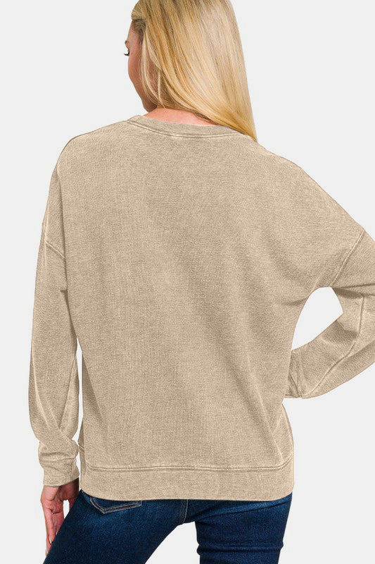 Zenana Washed Round Neck Dropped Shoulder Sweatshirt | Hanalas