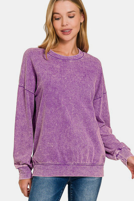 Zenana Washed Round Neck Dropped Shoulder Sweatshirt | Hanalas