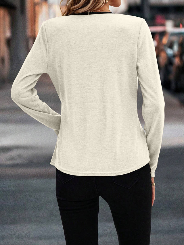 Full Size Crisscross Contrast Trim Long Sleeve T-Shirt | Hanalas