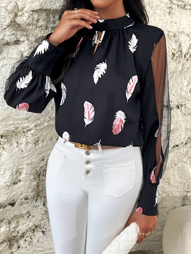 Feather Print Mock Neck Long Sleeve Blouse | Hanalas