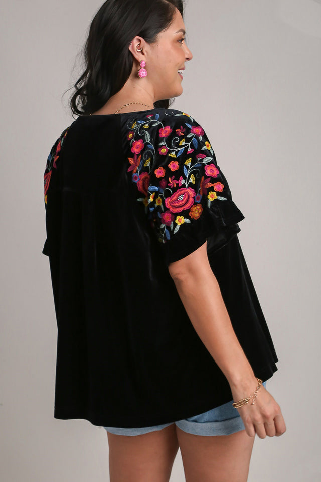 Umgee Full Size Velvet Embroidery Short Sleeve Blouse | Hanalas