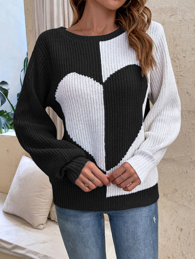 Contrast Heart Round Neck Long Sleeve Sweater | Hanalas