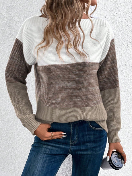 Color Block Drop Shoulder Long Sleeve Sweater | Hanalas