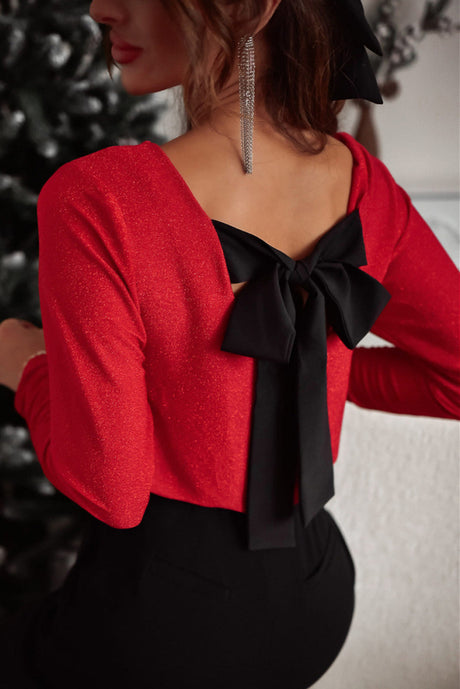 Bowknot V-Neck Long Sleeve Blouse Trendsi Hanalas