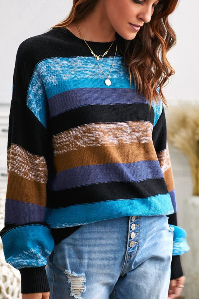 Contrast Striped Round Neck Drop Shoulder Sweater | Hanalas