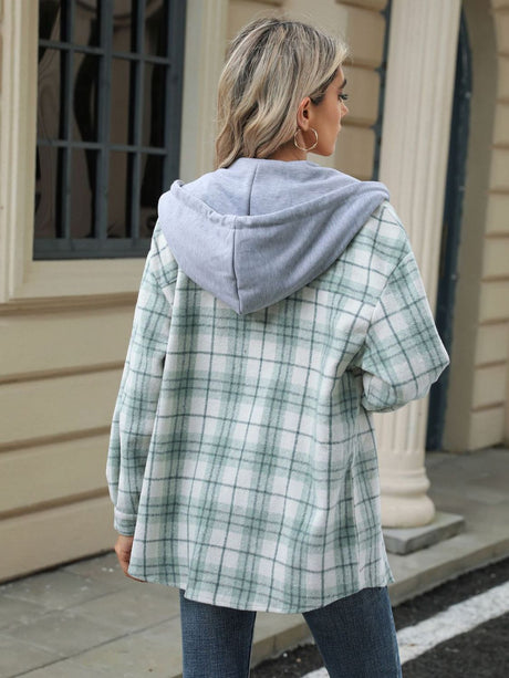 Drawstring Plaid Button Up Hooded Jacket Trendsi Hanalas