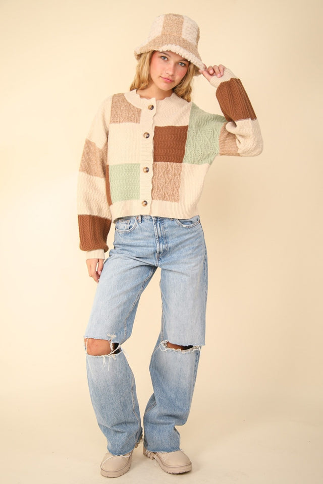 VERY J Color Block Button Down Textured Sweater Cardigan | Hanalas