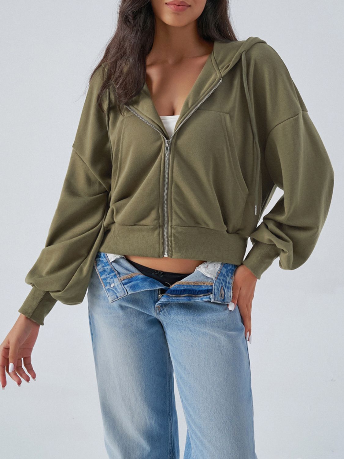 Devine Drawstring Zip Up Long Sleeve Hoodie