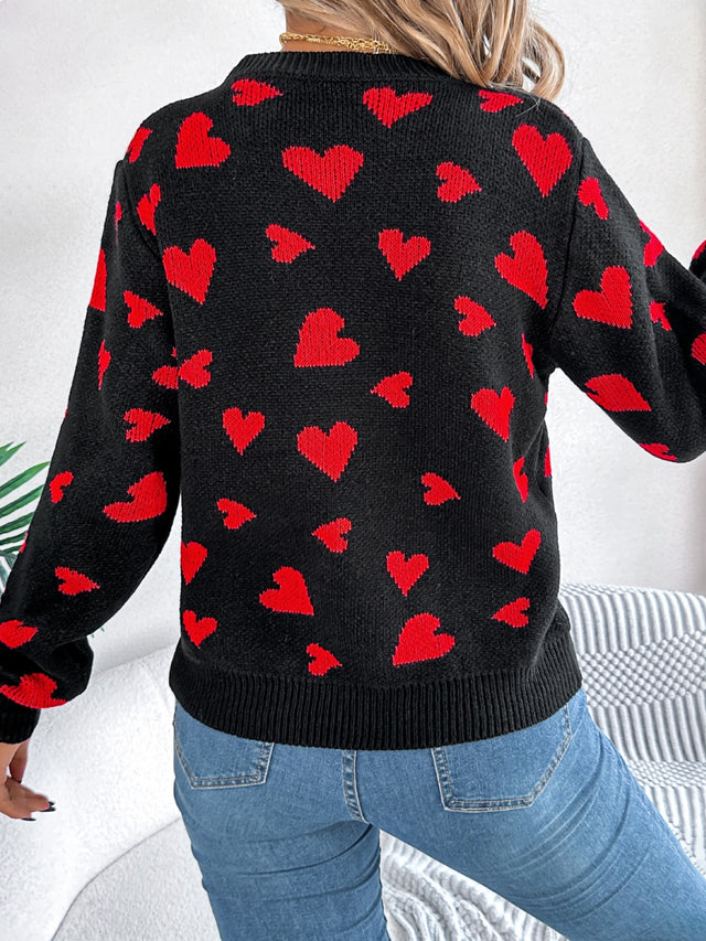 Heart Round Neck Long Sleeve Sweater | Hanalas