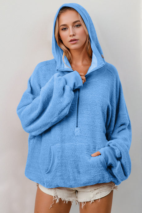 Double Take Full Size Half Zip Long Sleeve Hoodie with Kangaroo Pocket | Hanalas