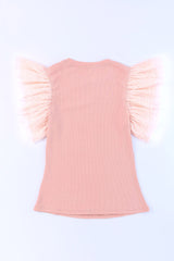 Pink Ruffle Tulle Sleeve Ribbed Knit Bodycon Dress