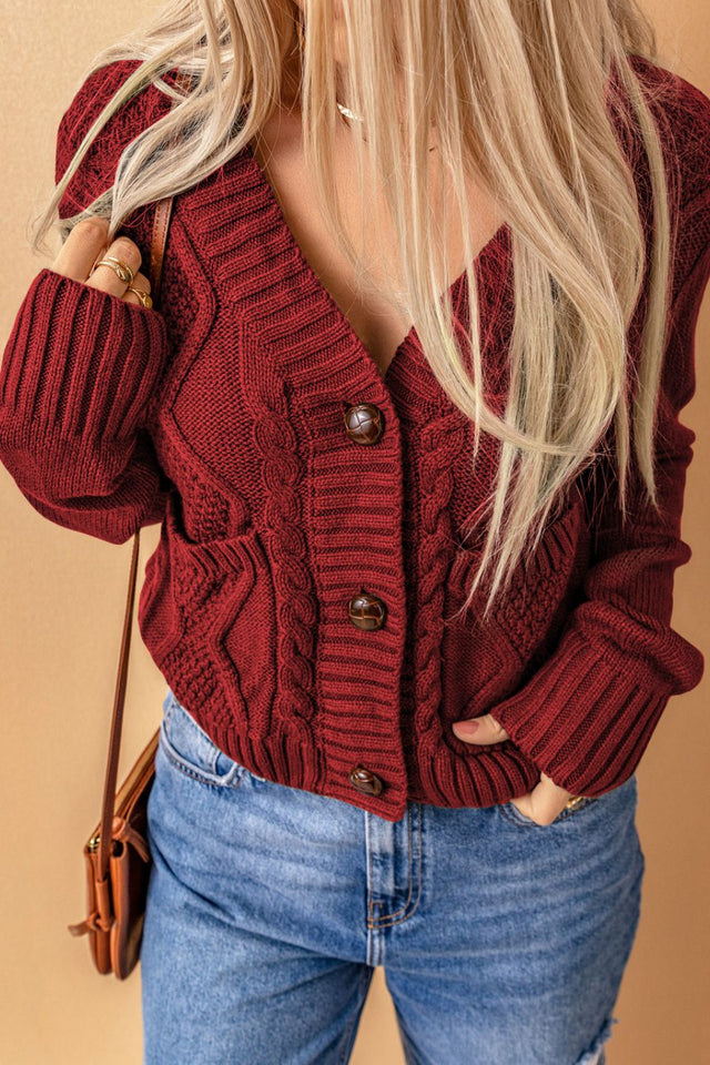 Cable-Knit Button Down V-Neck Cardigan | Hanalas