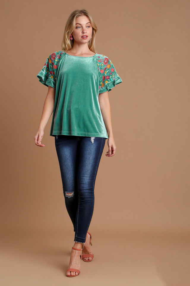 Umgee Velvet Embroidery Short Sleeve Blouse | Hanalas