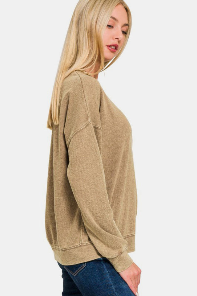 Zenana Washed Round Neck Dropped Shoulder Sweatshirt | Hanalas