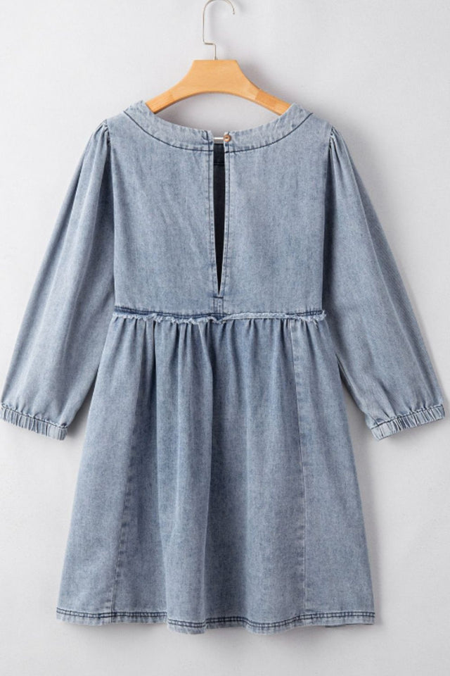 Cutout Round Neck Balloon Sleeve Denim Dress Trendsi Hanalas