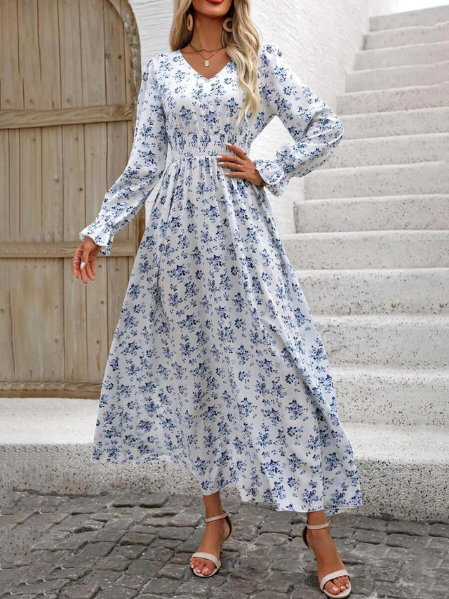 Smocked Printed V-Neck Flounce Sleeve Dress