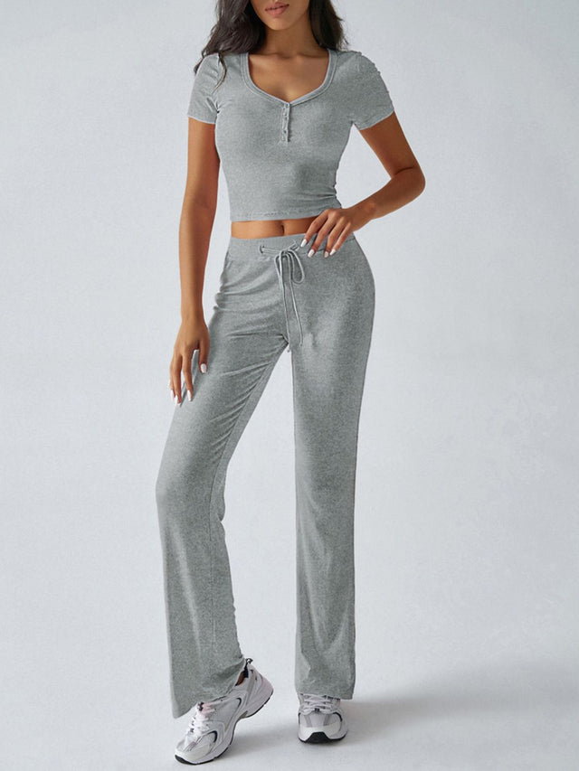 Devine Short Sleeve Top and Drawstring Pants Set | Hanalas